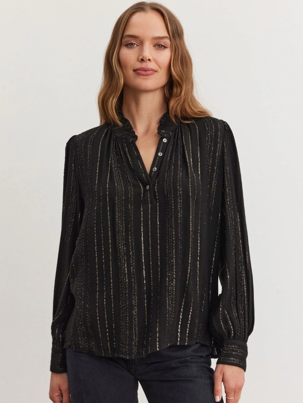 Velvet By Graham & Spencer Lolita Shimmer Blouse Black And Gold Size Medium